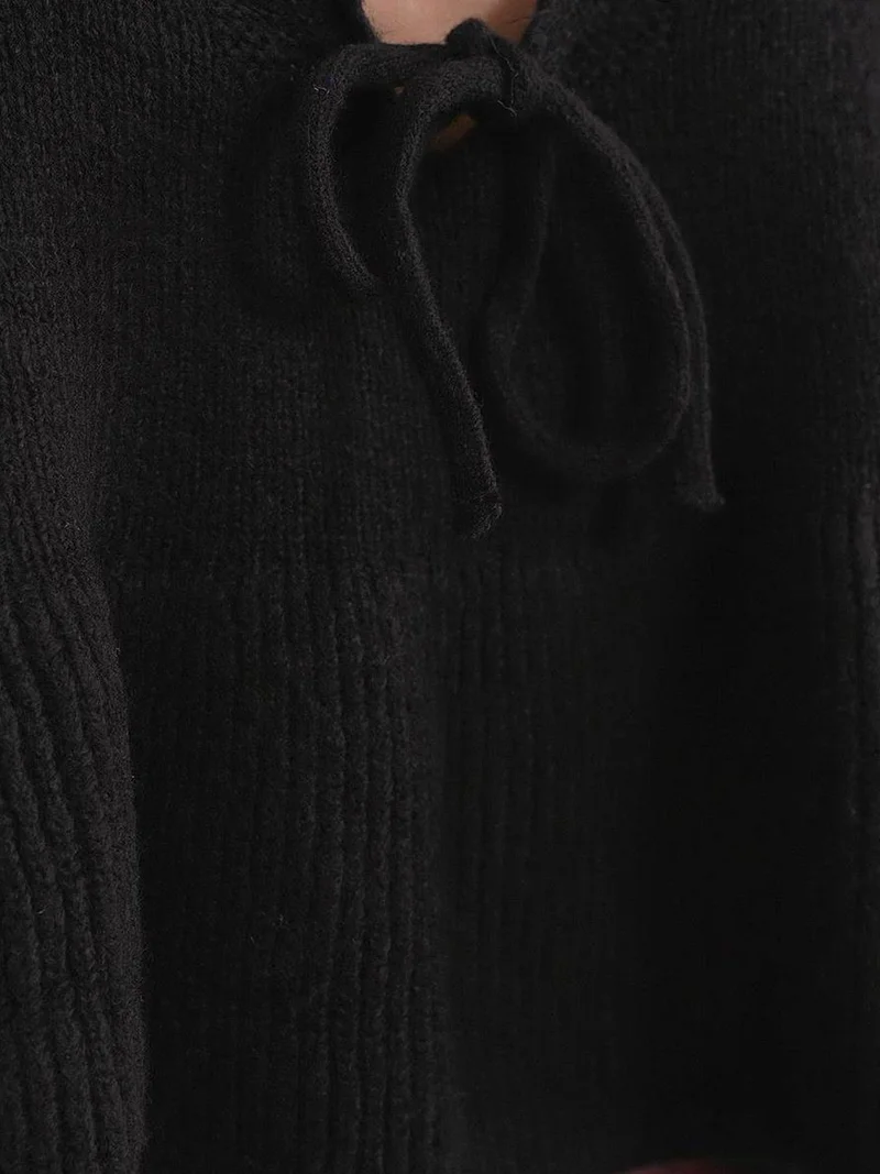 Mixray Black Mixray Tie Detailed Ruffled V-Neck Knit Sweater for Women | Best Price UAE