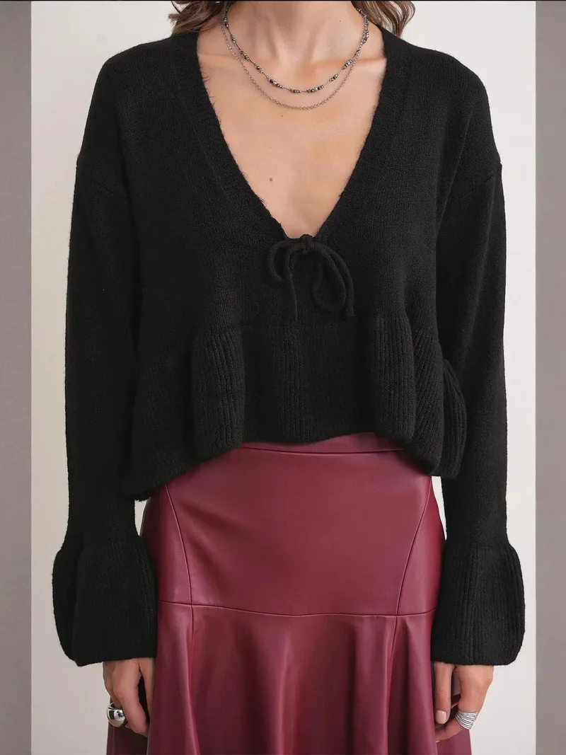 Mixray Black Mixray Tie Detailed Ruffled V-Neck Knit Sweater for Women | Best Price UAE