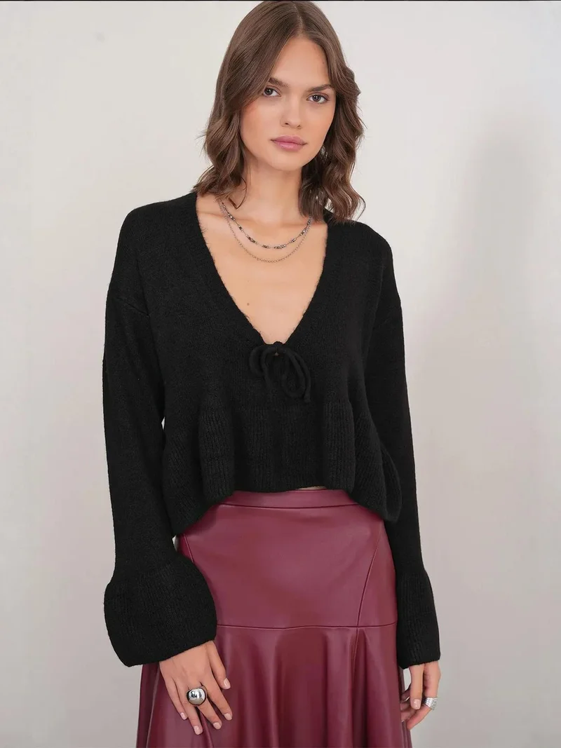 Mixray Black Mixray Tie Detailed Ruffled V-Neck Knit Sweater for Women | Best Price UAE