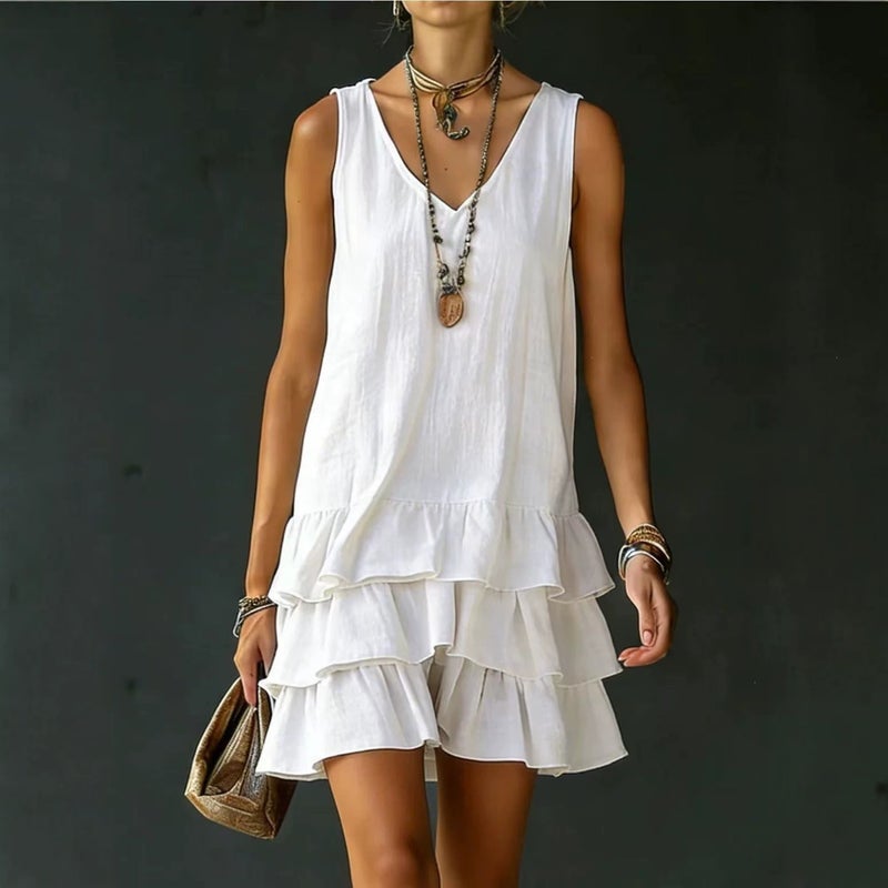 Women's Vintage V-Neck Sleeveless Dress with Layered Ruffle Hem - Image 2