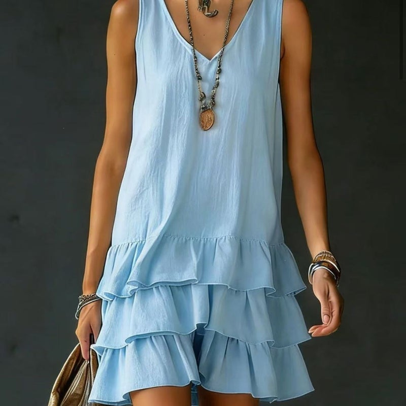 Women's Vintage V-Neck Sleeveless Dress with Layered Ruffle Hem - Image 5