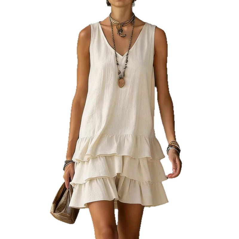 Women's Vintage V-Neck Sleeveless Dress with Layered Ruffle Hem - Image 1