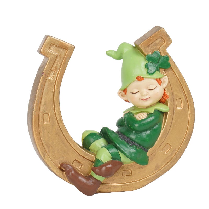 Braxio St-Patricks-Day Decorations Coffee Table Decor - Resin Gnome Collectible Figurines Green Gnome and Gold Horseshoe St Patricks Day Decor Table Centerpieces 3.75 * 1.5 * 3.75 Inch - Image 1