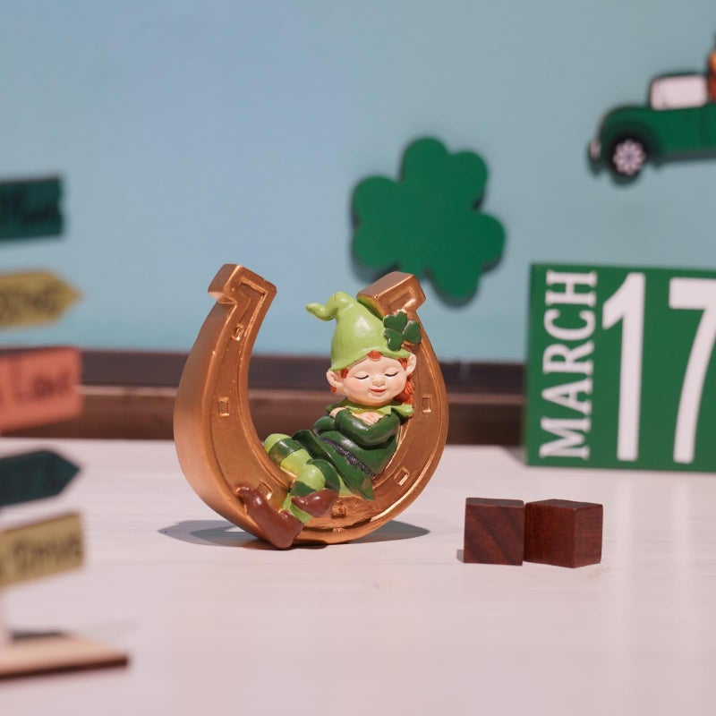 Braxio St-Patricks-Day Decorations Coffee Table Decor - Resin Gnome Collectible Figurines Green Gnome and Gold Horseshoe St Patricks Day Decor Table Centerpieces 3.75 * 1.5 * 3.75 Inch - Image 5