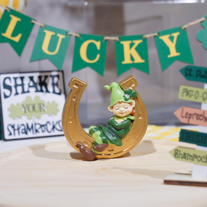 Braxio St-Patricks-Day Decorations Coffee Table Decor - Resin Gnome Collectible Figurines Green Gnome and Gold Horseshoe St Patricks Day Decor Table Centerpieces 3.75 * 1.5 * 3.75 Inch - Image 4