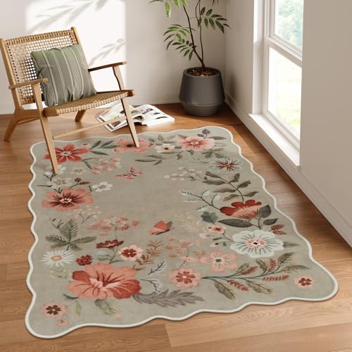 La Home Lahome Floral Washable Rugs for Bedroom 4X6 Area Rug UltraThin Soft Living Room Rug NonSlip Classroom Stain Resistant Lightweight Boho LowPile Throw Carpet for Office Flore Brown - Image 1