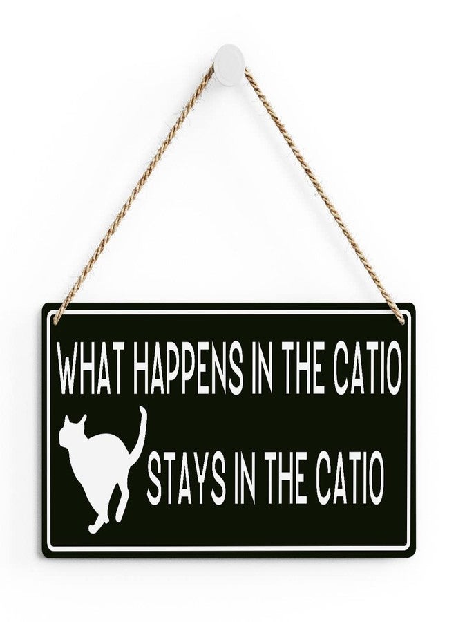 SENJIAN Rustic Cat Lovers Wood Decor Sign, What Happens in the Catio Stays in the Catio Printed Wood Sign Wall Art, Hanging Door Sign, Decorative Wood Sign Home Decor 12" x 6" - Image 1