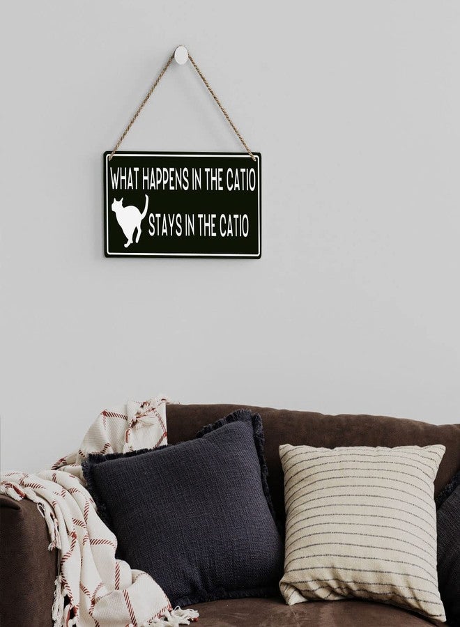 SENJIAN Rustic Cat Lovers Wood Decor Sign, What Happens in the Catio Stays in the Catio Printed Wood Sign Wall Art, Hanging Door Sign, Decorative Wood Sign Home Decor 12" x 6" - Image 3