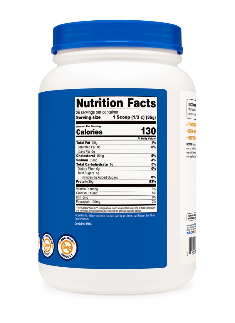 Nutricost - Whey Protein Isolate, 30 G Protein Per Serving, 26 Serving, 2 Lb Per Container - Unflavored Net Wt. 32.4 Oz - Image 1