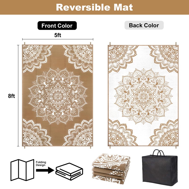 Yamaziot Waterproof Outdoor Rug 5x8 ft, Reversible Plastic Straw Rug for Patio Clearance, Camping, RV Mat, Large Outside Rug Carpet for Porch, Deck, Backyard, Balcony, Picnic (Brown) - Image 2
