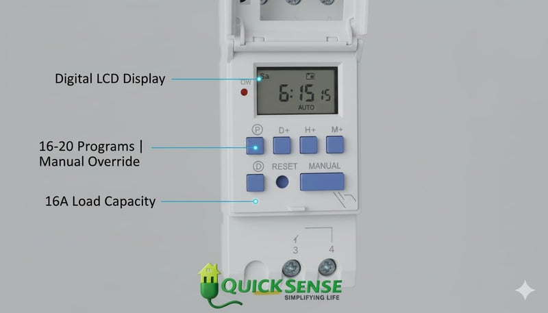 Quick Sense QS-T3 Digital Timer Switch | 30A Heavy-Duty Programmable Controller | DIN Rail Mount | 16 On/Off Schedules | LCD Display | Industrial & Home Automation - Image 5