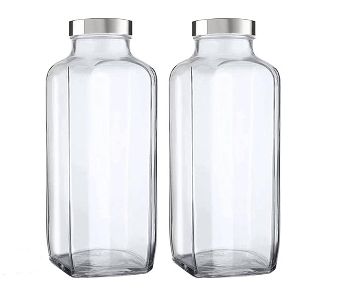 GLASS TRAVEL GLASS DRINKING FRIDGE BOTTLE WITH STAINLESS STEEL LID FOR HOME TRAVEL JUICING WATER SMOOTHIE 1000ML FRENCH SQUARE BOTTLE SET OF 2