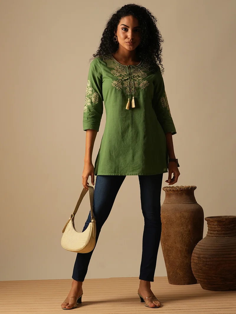 globus Women Tasselled Tie-Up Neck Embroidered Yoke A-Line Workwear Tunic