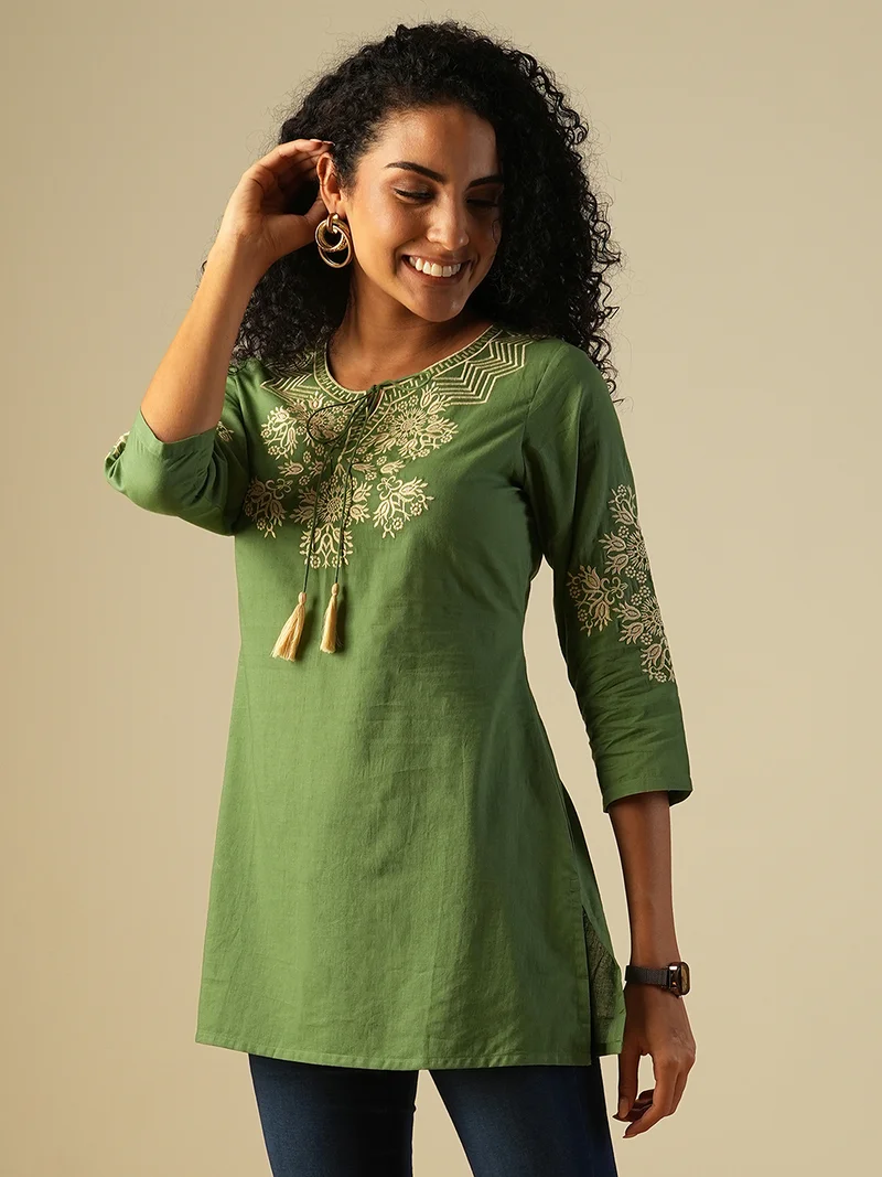 globus Women Tasselled Tie-Up Neck Embroidered Yoke A-Line Workwear Tunic