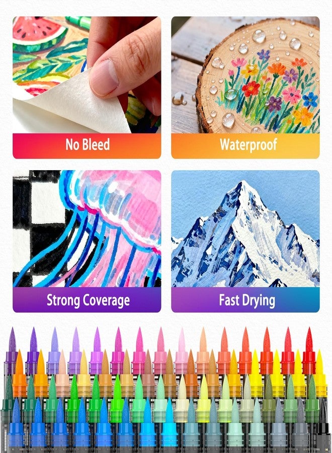 QFOUR Acrylic Paint Markers, 60 Colors Brush Tip Acrylic Markers Pens for Adult Coloring Books and Rock Painting, Waterproof Paint Pens with Ink Control System for Back to School, Office and Teachers - Image 3