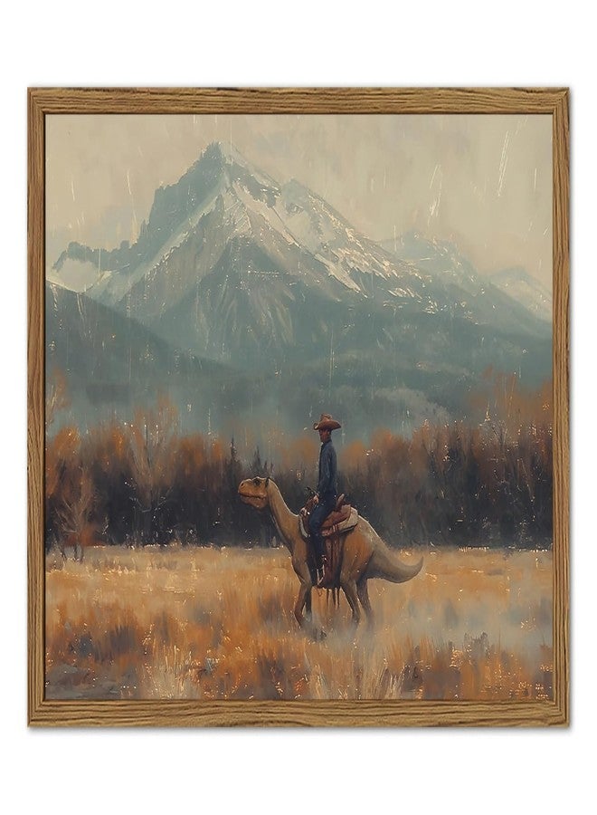 yulihaz Vintage Dinosaur Cowboy Wall Art, Funny Western Jurassic Wall Decor Painting Spooky Cowboy Riding Dinosaur Poster Canvas Prints for Bedroom Farmhouse Living Room 12x16 inch Wood Framed - Image 1