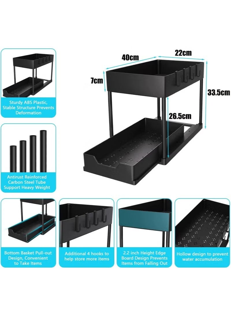 BABONA 2-Tier Sliding Cabinet Basket Organizer, Multi-Purpose Space-Saving Under-Sink Storage, for Kitchen, Bathroom & Office (Black) - Image 3