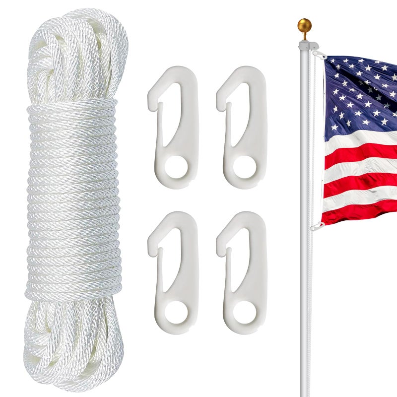 NQ Flag Pole Rope Kit  50 Feet x 14 Diameter Flag Pole Halyard Nylon Rope with 4 Pieces Flag Pole Hook Clips  Outdoor Flagpole Accessories Rope for Clothesline Swing Camping 50FT White