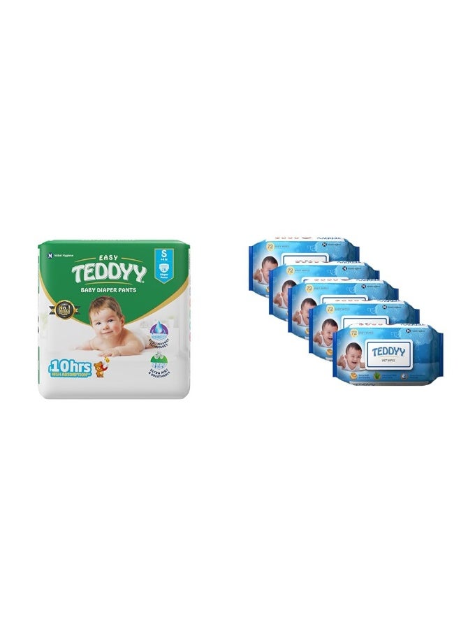 TEDDYY Baby Easy Pant Diapers Small 78 Count Pack of 1 & Baby Wet Wipes With Lid 72s Pack of 5 - Image 1