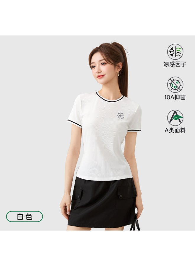High-end Tencel Cotton Lyocell Slim-fit T-shirt For Women, 10a Grade Antibacterial, Class A Cooling Effect, Color-blocking Embroidered Short-sleeve Top For Women