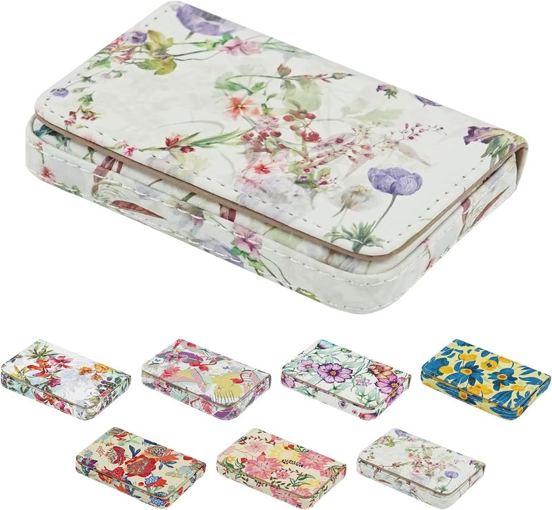 AI-DEE Business Card Holder，PU Leather Business Card Case Color Printing Pattern Card Holder Wallet，Pockets Magnetic Credit Card Holders for Men and Women - White Flowers - Image 1