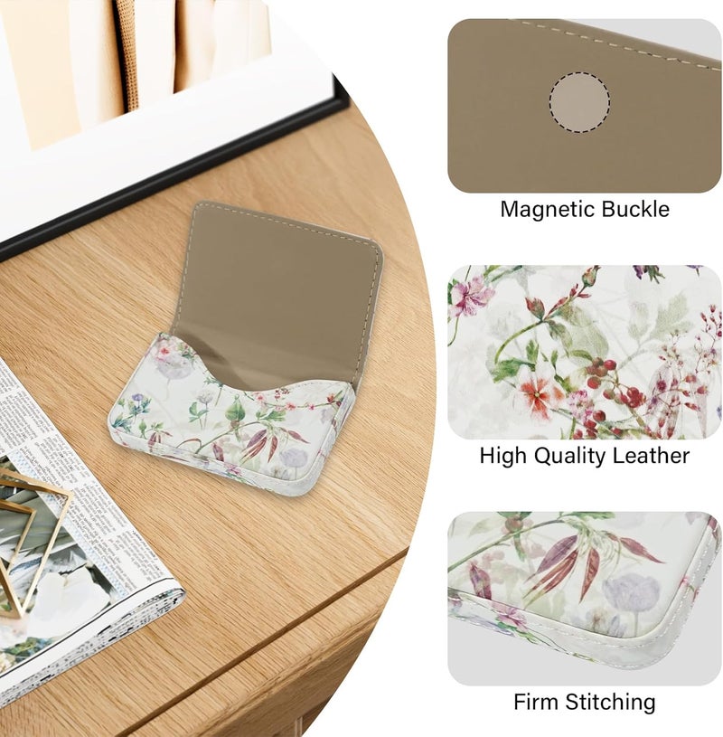 AI-DEE Business Card Holder，PU Leather Business Card Case Color Printing Pattern Card Holder Wallet，Pockets Magnetic Credit Card Holders for Men and Women - White Flowers - Image 2