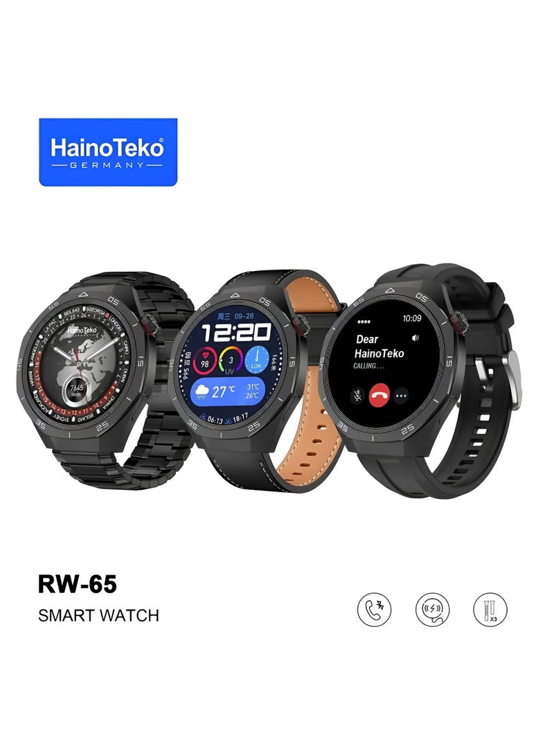 Haino Teko HainoTeko RW-65 Smart Watch with AMOLED HD Display, Bluetooth Calling, Medical Sensors, Luxury Design with Leather, Silicone, and Steel Straps - Black - Image 2