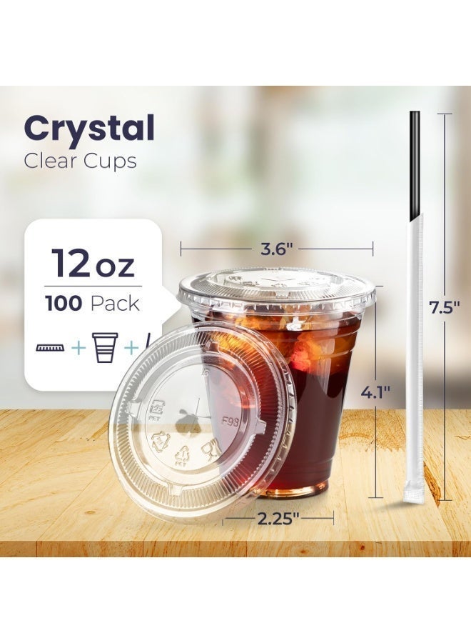 Disposable Coffee Cups 100 Pack 12 oz Plastic Iced Coffee Cups with Flat Lids and Straws, Disposable Clear Cup, BPA Free Cup for Party, Smoothie, Cold Drinks, Juice, Milkshake, Bubble Boba, Tea - Image 3