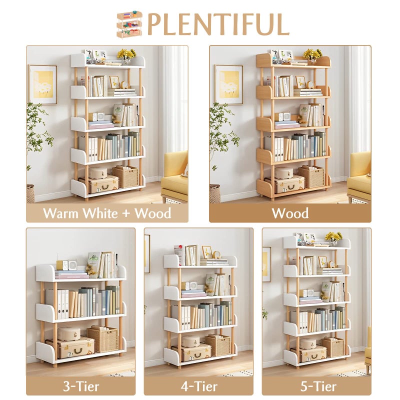 OSCHF 4-Tier Wooden Open Bookcase - Modern Display Bookshelf with Top Edge and Solid Wood Frame for Home and Office, Storage Cabinet, Warm White - Image 4