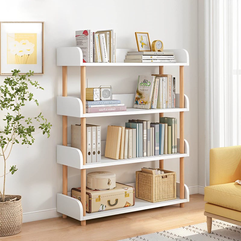 OSCHF 4-Tier Wooden Open Bookcase - Modern Display Bookshelf with Top Edge and Solid Wood Frame for Home and Office, Storage Cabinet, Warm White - Image 1