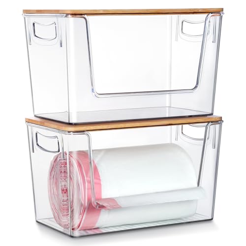 Hudgan 2 Pack Trash Bag Holder Dispenser, Extra Large Garbage Bags Holder, Stackable Trash Bag Holder with Bamboo Top for Laundry Room & Under Sink - Image 1