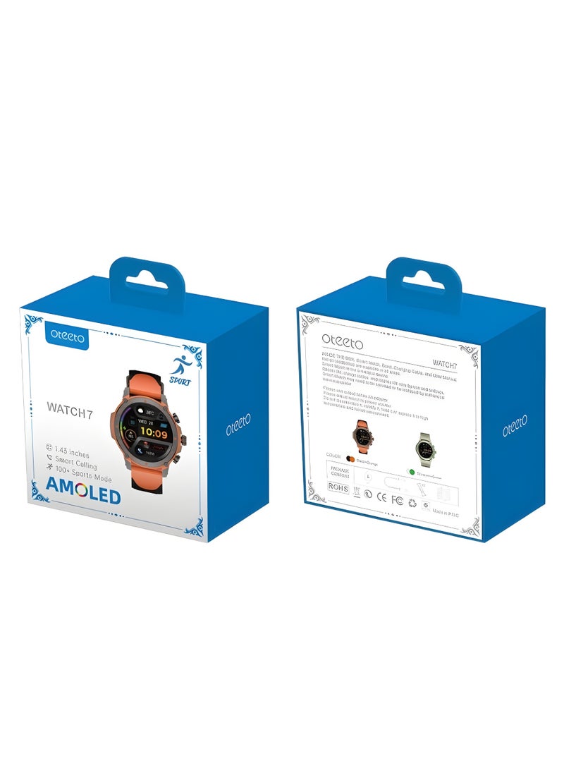 Oteeto - WATCH7 Smart Watch, Water and Dust Resistant, with a High-Definition Amoled Display and a Stylish Black and Orange Band - Image 1