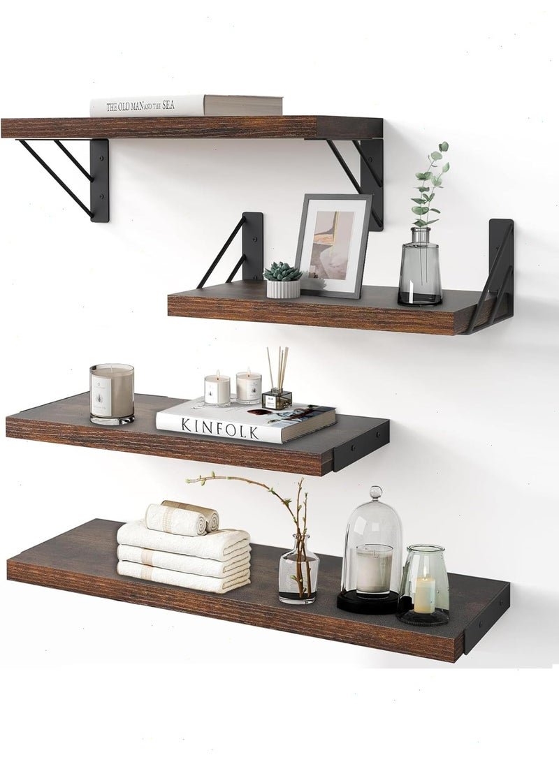 Yoawllty Wall Shelf, 4pcs Wood Floating Wall Shelf, Rustic Wall Mounted Storage Rack for Books & Decor, Small Space-Saving Display & Organizer(Brown) - Image 1