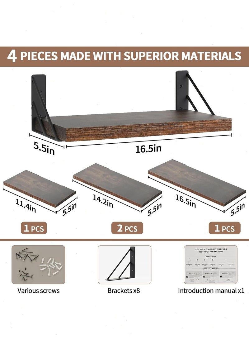 Yoawllty Wall Shelf, 4pcs Wood Floating Wall Shelf, Rustic Wall Mounted Storage Rack for Books & Decor, Small Space-Saving Display & Organizer(Brown) - Image 4