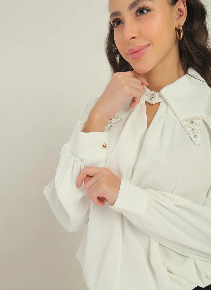 globus Globus Women White Collared Neck & Pearl & Embellished Detail Cuffed Sleeves Party Shirt Style Top