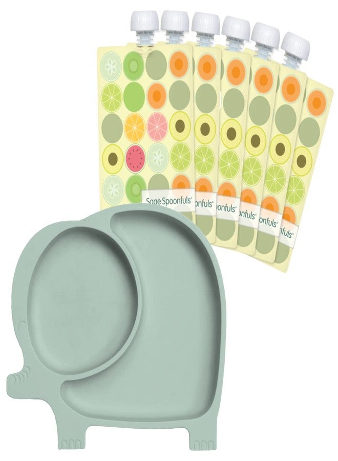 Sage Spoonfuls 7-Piece Feeding Set Suction Plate and Reusable Baby Food Pouches for Babies and Toddlers, 100% Silicone Divided Plate with Suction Base, 6-Pack BPA Free 7oz Reusable Food Pouches - Image 1