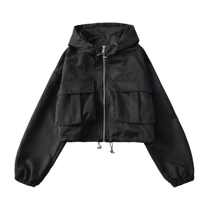 2023 early autumn design niche lightweight double Pocket Workwear slimming hem drawstring sun protection jacket hooded jacket Black 