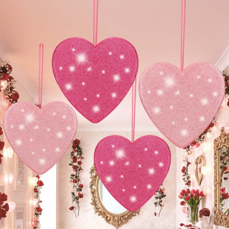 Jenaai 4 Pcs 11 Inch Valentine's Day 3D Glitter Heart Hanging Ornament Large Pink and Fuchsia Hanging Hearts Decorations for Valentine's Day Tree Home Ceiling Wedding Birthday Party Decorations - Image 1