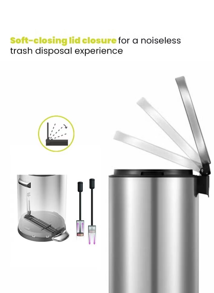 EKO Stainless Steel Fingerprint Resistant Pedal Bin | Soft Close Bathroom Office Waste Bin | 12L | Silver - Image 5