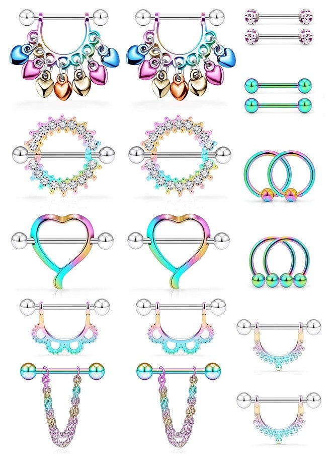 Ftovosyo 20Pcs Nipple Ring 14G Surgical Steel Tongue Nipplerings Barbell Bar Hoop Rings Retainer CZ Heart Chain Dangle Nipple Piercing Jewelry for Women Men 14MM (9/16 Inch) Rainbow - Image 1