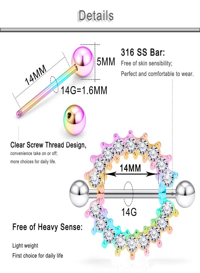 Ftovosyo 20Pcs Nipple Ring 14G Surgical Steel Tongue Nipplerings Barbell Bar Hoop Rings Retainer CZ Heart Chain Dangle Nipple Piercing Jewelry for Women Men 14MM (9/16 Inch) Rainbow - Image 2