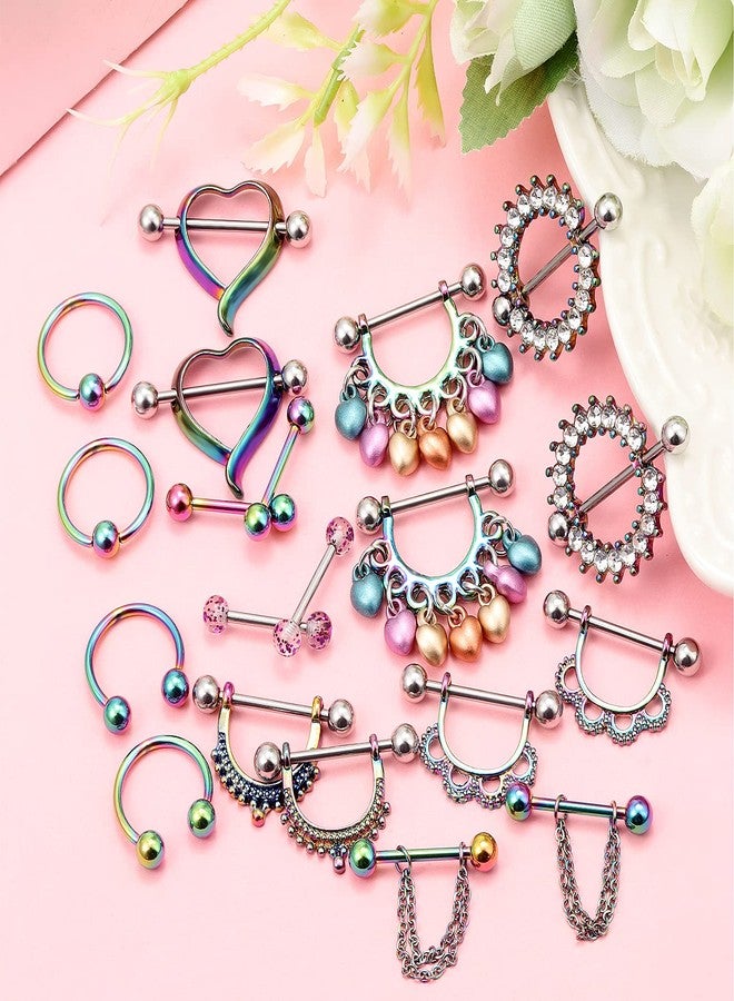 Ftovosyo 20Pcs Nipple Ring 14G Surgical Steel Tongue Nipplerings Barbell Bar Hoop Rings Retainer CZ Heart Chain Dangle Nipple Piercing Jewelry for Women Men 14MM (9/16 Inch) Rainbow - Image 3