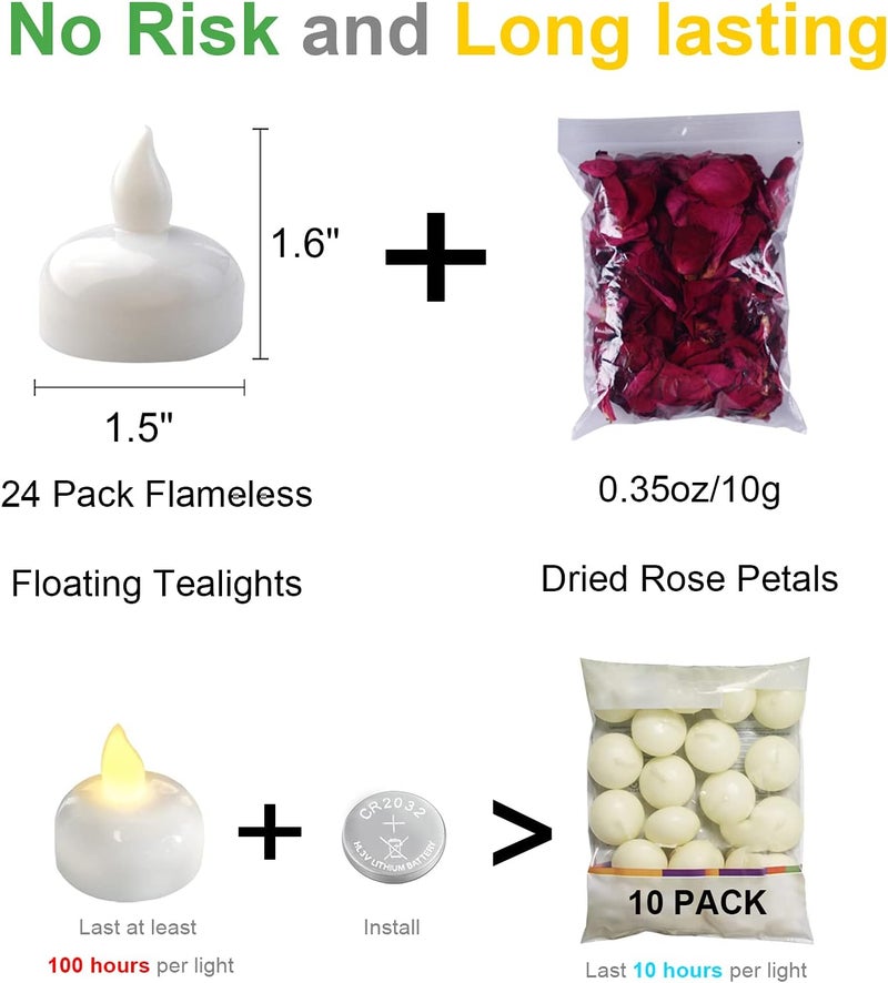Homemory 24 Pack Waterproof Flameless Floating Tealights with Dried Rose Petals, Warm White Battery Flickering LED Tea Lights Candles - Wedding, Party, Centerpiece, Pool & SPA - Image 2