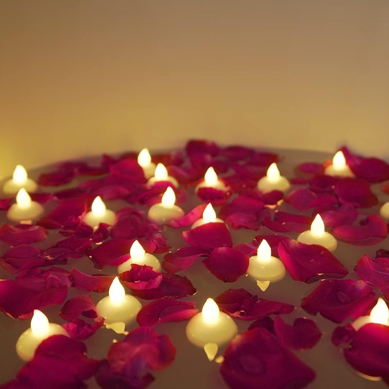 Homemory 24 Pack Waterproof Flameless Floating Tealights with Dried Rose Petals, Warm White Battery Flickering LED Tea Lights Candles - Wedding, Party, Centerpiece, Pool & SPA - Image 1