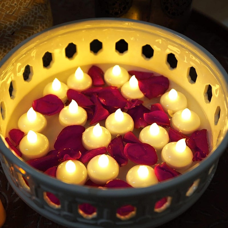 Homemory 24 Pack Waterproof Flameless Floating Tealights with Dried Rose Petals, Warm White Battery Flickering LED Tea Lights Candles - Wedding, Party, Centerpiece, Pool & SPA - Image 3