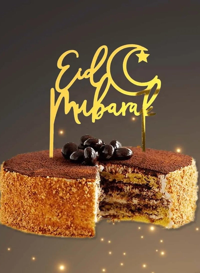ThePartyPopper Acrylic Gold Eid Mubarak Cake Topper Arabic Happy Eid Ramadan Kareem Cake Decorations  - Image 1