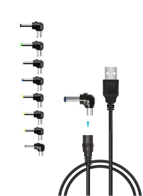 Universal 5V USB to DC 5V Power Cord 5.5 2.1 mm Plug Connector Tip Jack Charging Cable with 8 Connector Tips for POS Machine Credit Card Terminal Barcode Scanner
