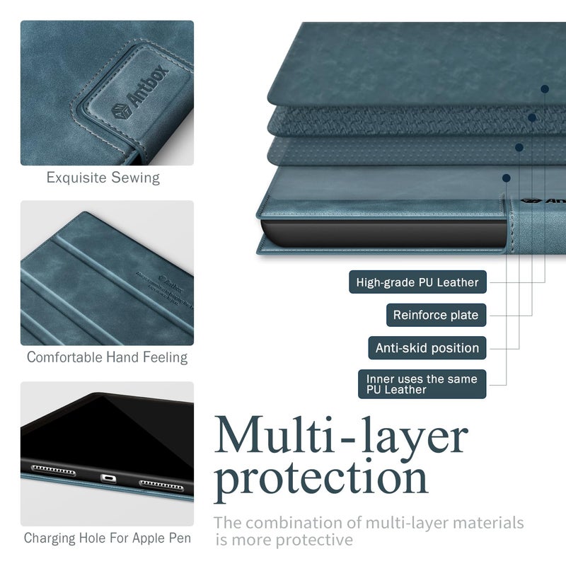 Antbox Case for iPad (A16) 11th (11'')/ 10th Generation (10.9'') High Grade Skin-Touch Vegan Leather with Built-in Pencil Holder Auto Sleep/Wake Function (Blue) - Image 4