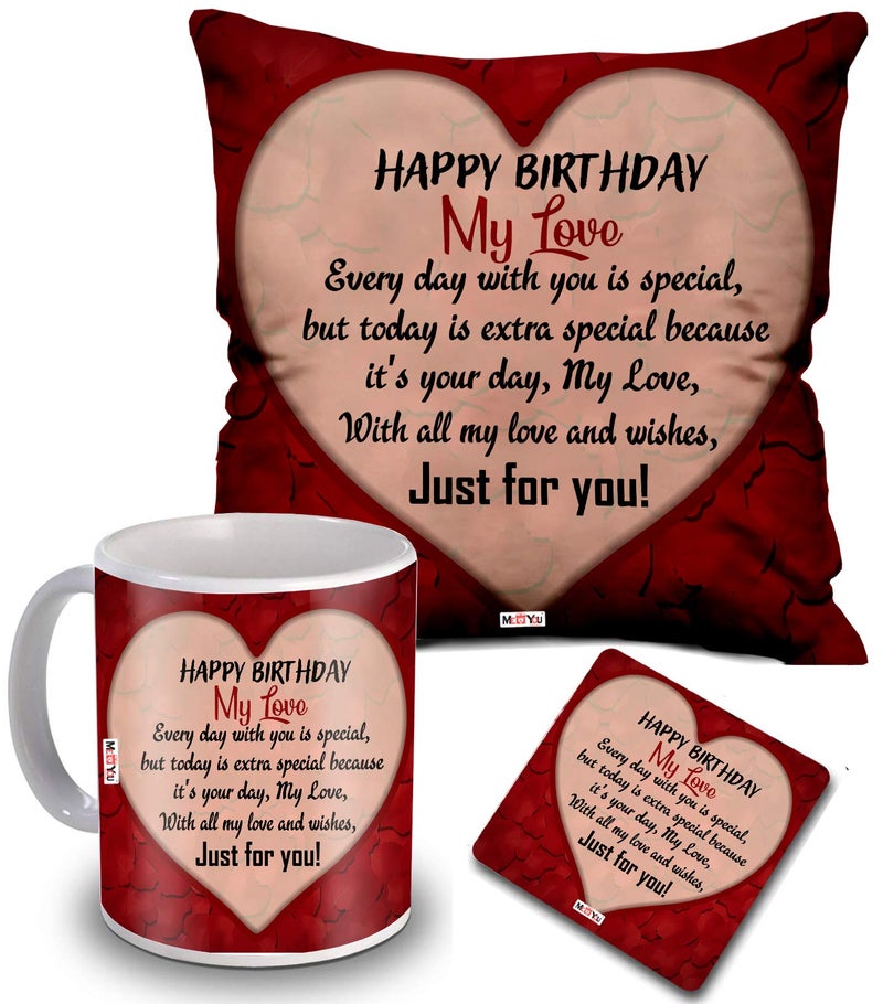 ME  YOU ME & YOU Birthday Gift for Girls, Wife, Husband and Special One| Happy Birthday to You Printed Cushion with Ceramic Mug and MDF Coaster for | Multicolor - Image 1