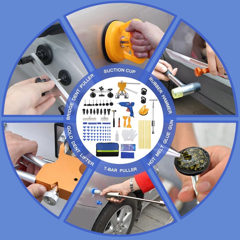 ROADGIVE مجموعة أدوات إصلاح الصدمات للهيكل الآلي 97 قطعة، مجموعة إصلاح الصدمات الصديقة للطلاء مع رافع ذهبي، سحب الصدمات بمطرقة منزلقة T-bar، سحب الجسر، كوب شفط ومسدس غراء لمجموعة أدوات إزالة صدمات السيارة - Image 2